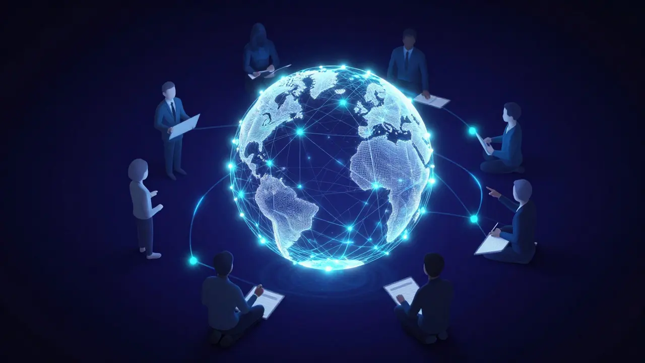 Abstract illustration of a glowing digital globe representing Wikipedia collaboration