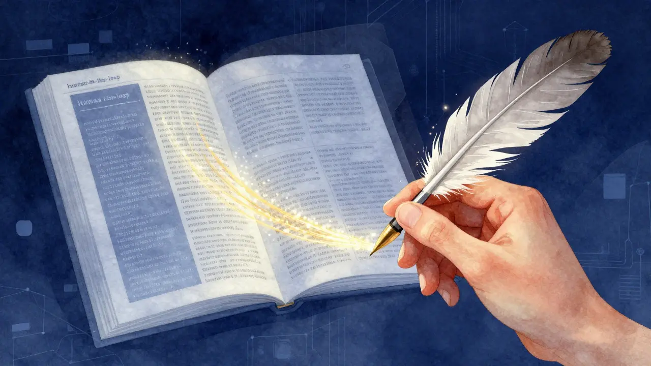 Abstract illustration of a human hand guiding digital light forming a quill pen