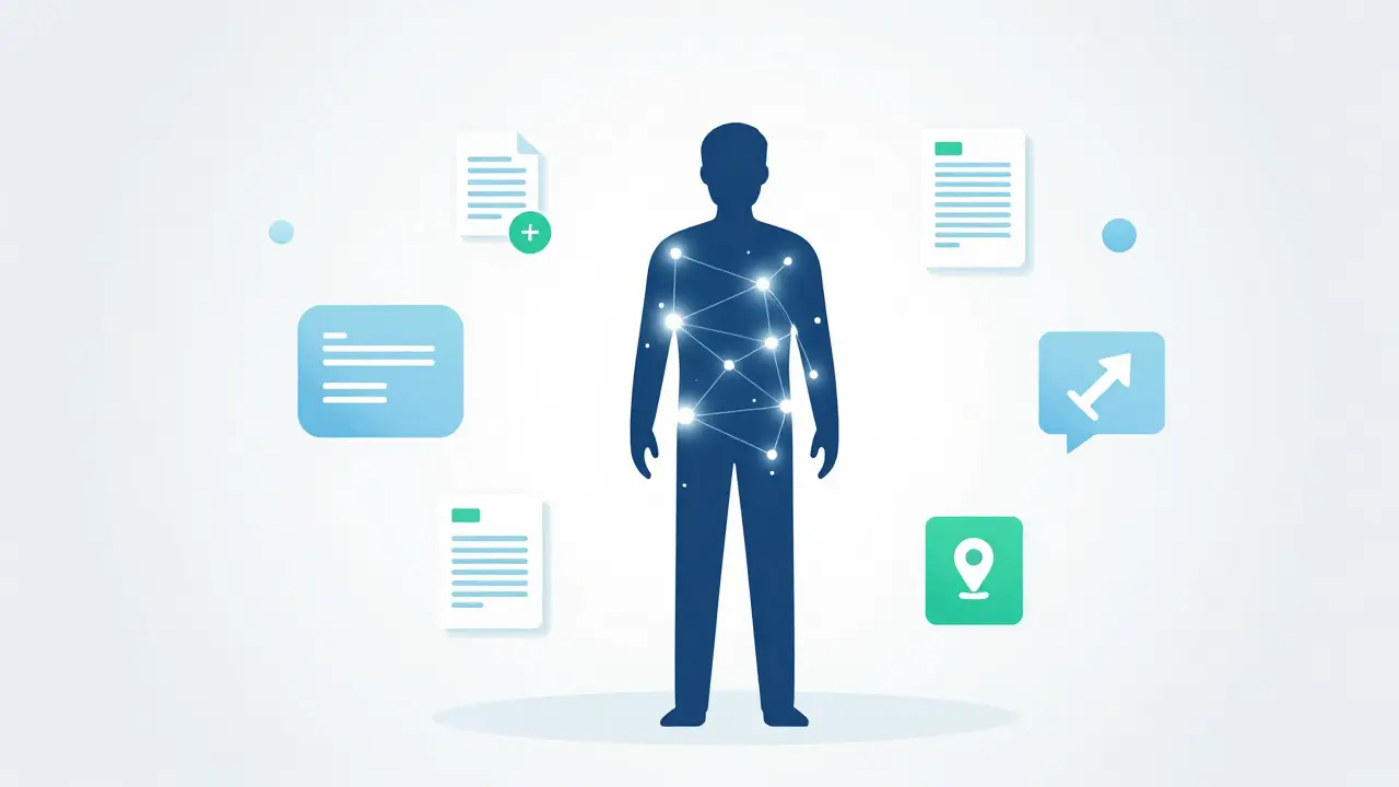 Abstract illustration of a person merging into a digital network