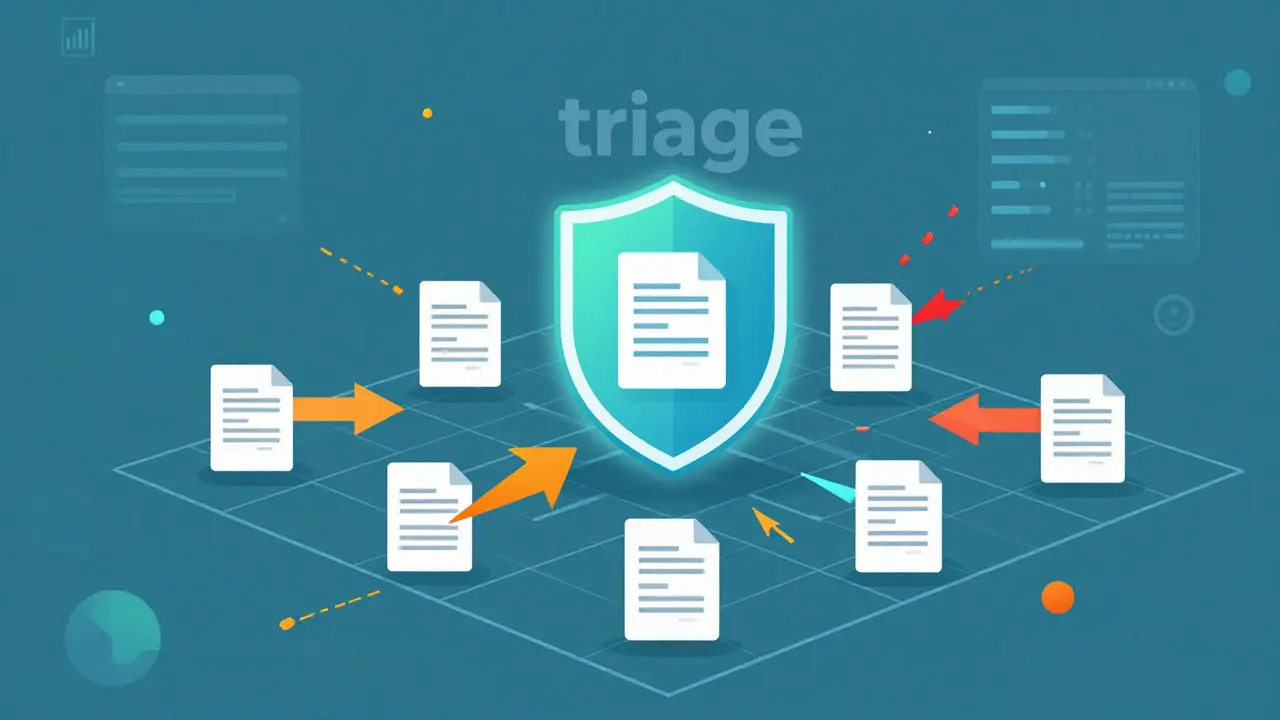 Abstract illustration of a protective shield stabilizing a grid of documents against chaotic data inputs