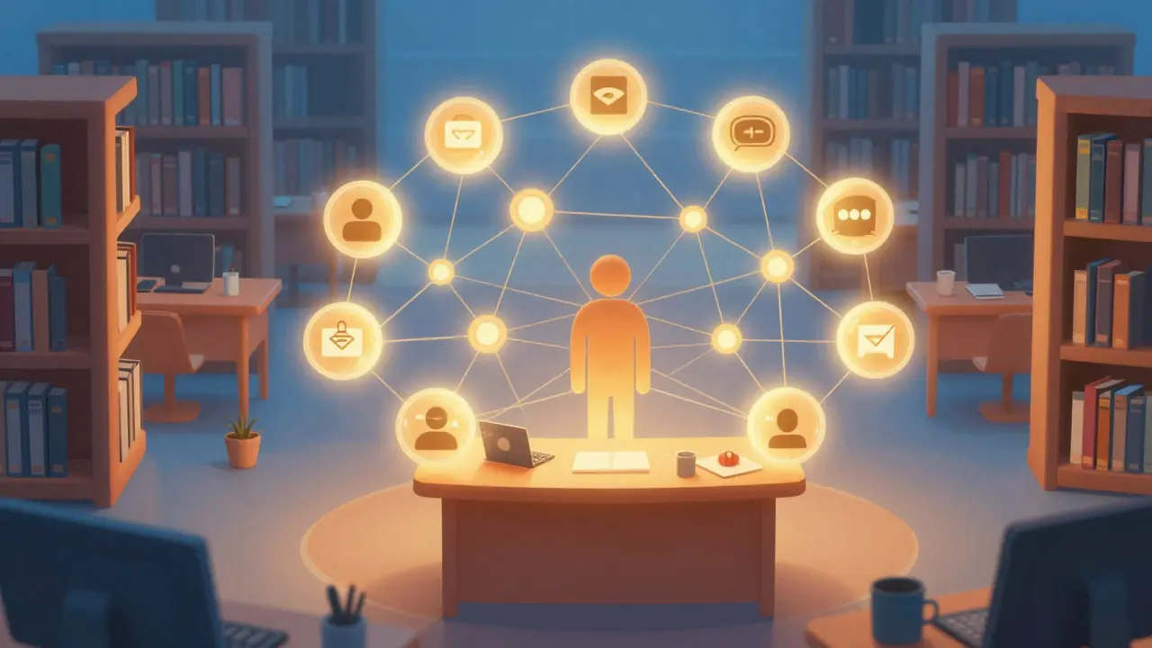 Abstract illustration of a user accumulating glowing edit orbs in a library setting