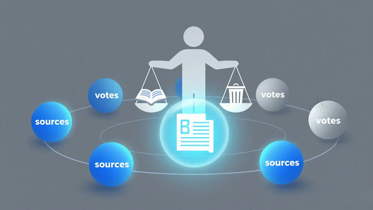 Abstract illustration of an article surrounded by voting orbs and scales