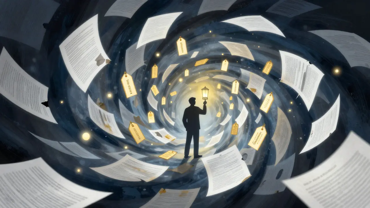 Abstract illustration of chaotic paper pages being organized by glowing tags