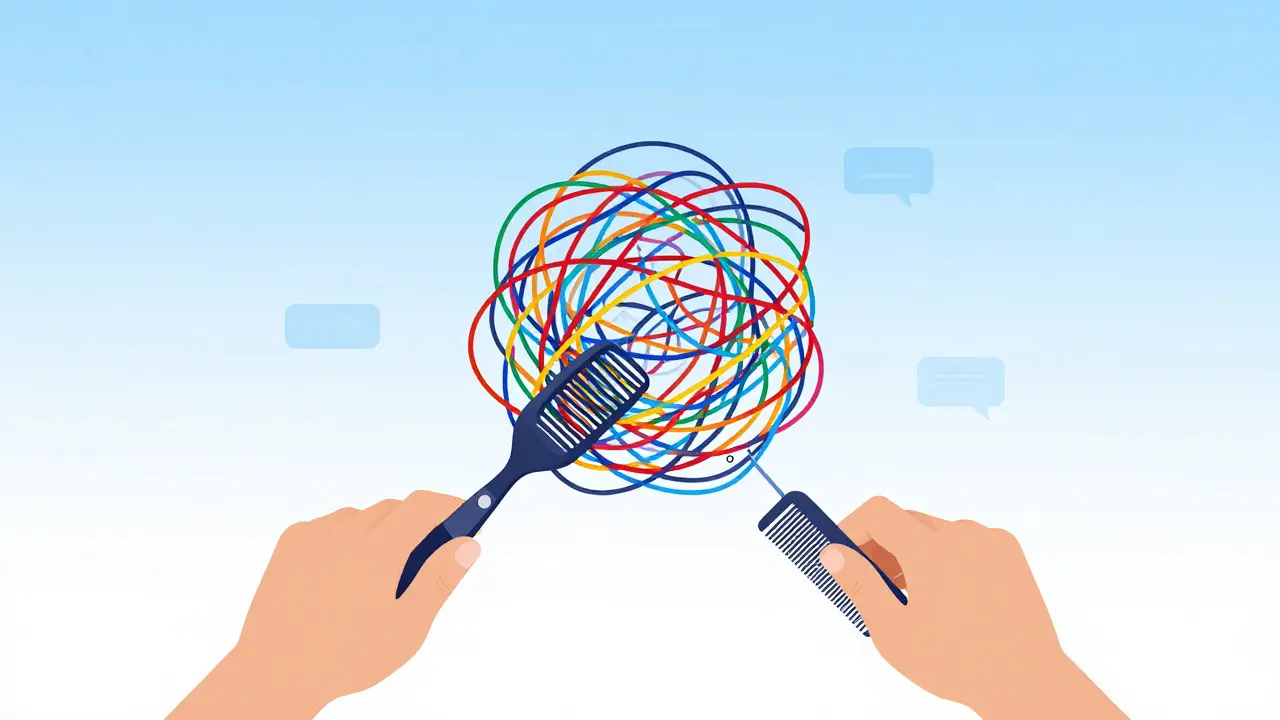 Abstract illustration of chaotic threads being organized into neat lines