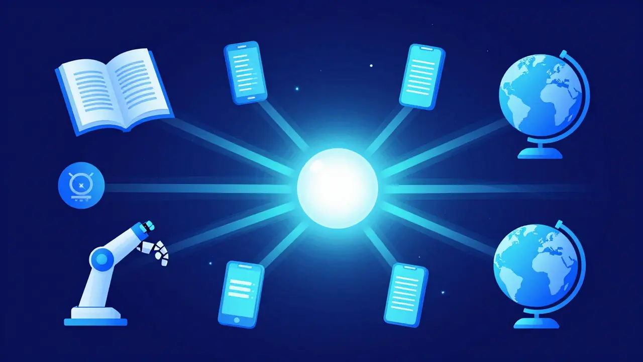 Abstract illustration of data flowing from a central source to various devices