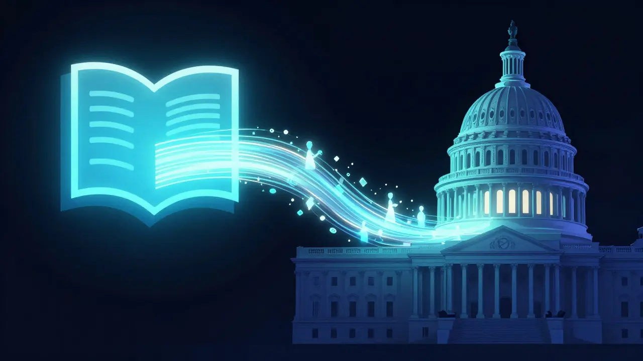 Abstract illustration of digital information flowing into a capitol building to influence policy