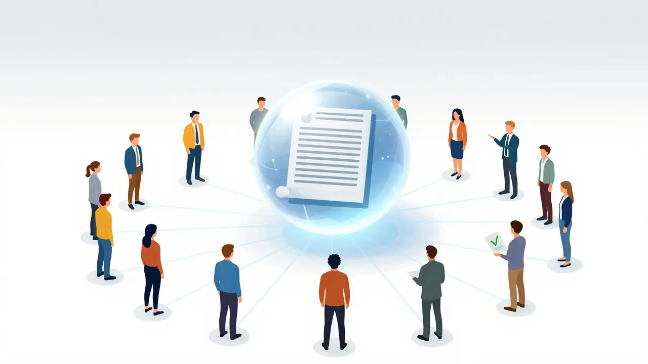 Abstract illustration of diverse people connecting to a central glowing sphere via light threads