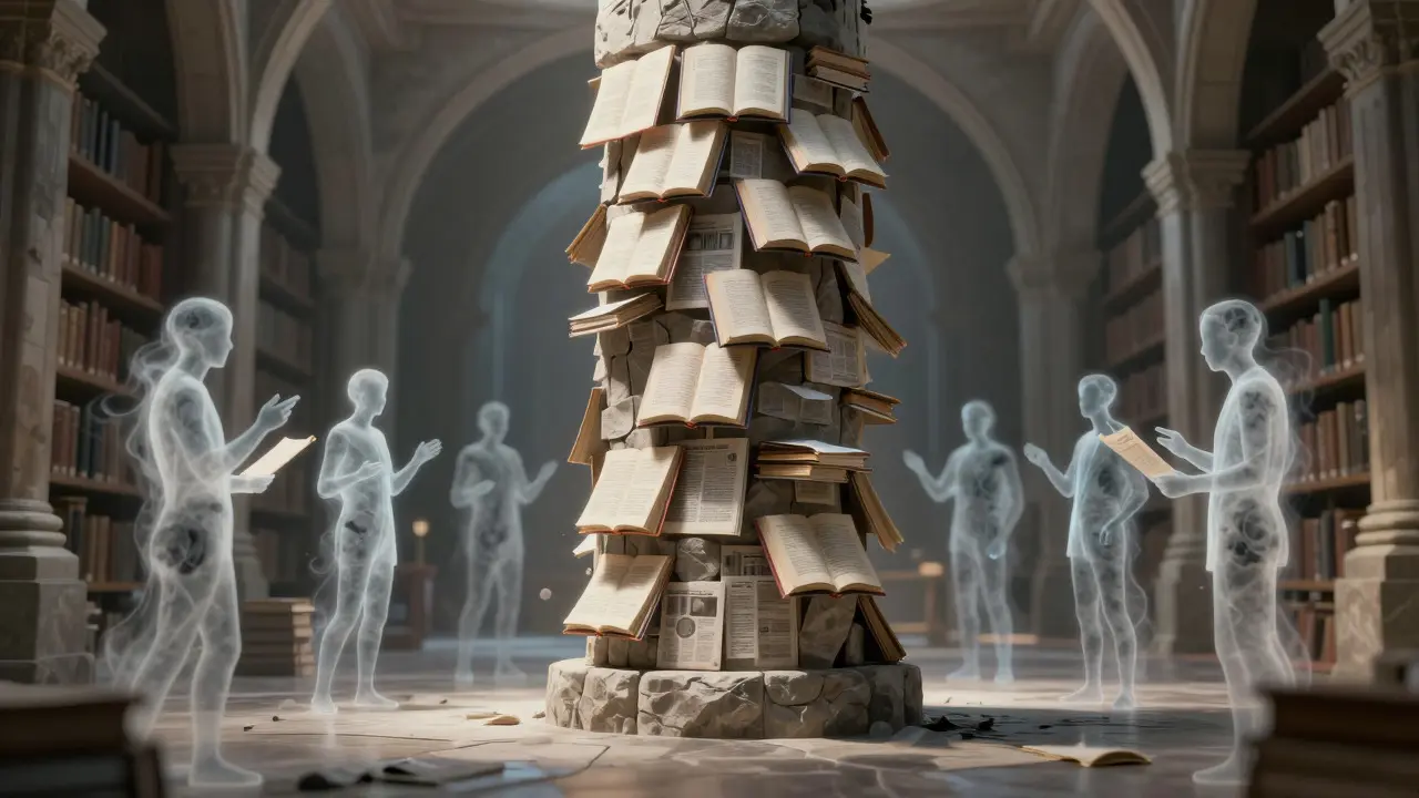 Abstract illustration of figures debating around a pillar made of books, representing consensus