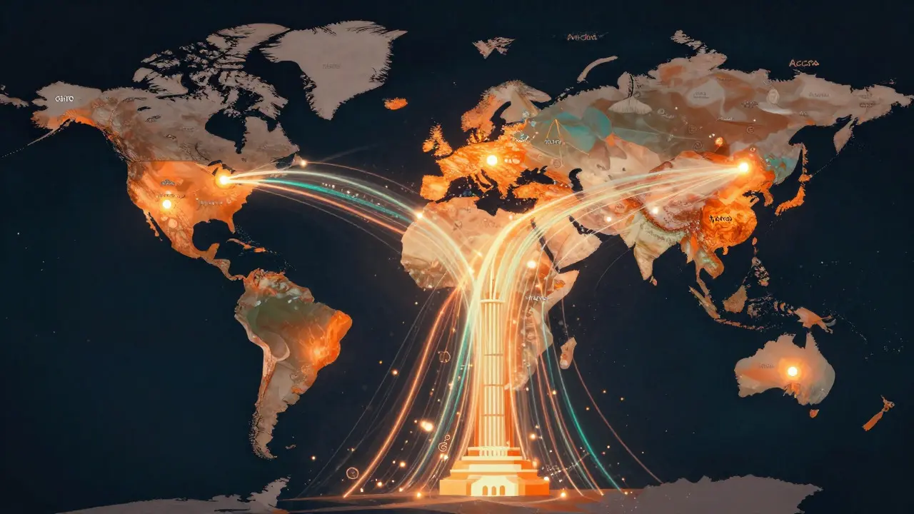 Abstract illustration of global data streams flowing into a central news structure