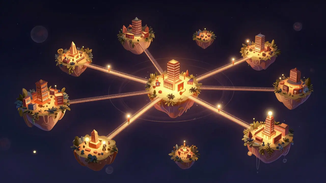 Abstract illustration of glowing islands connected by light bridges, symbolizing interlanguage links