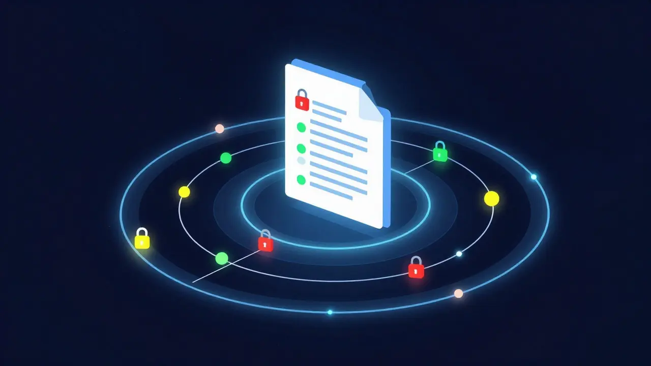 Abstract illustration of layered security rings protecting a central digital document