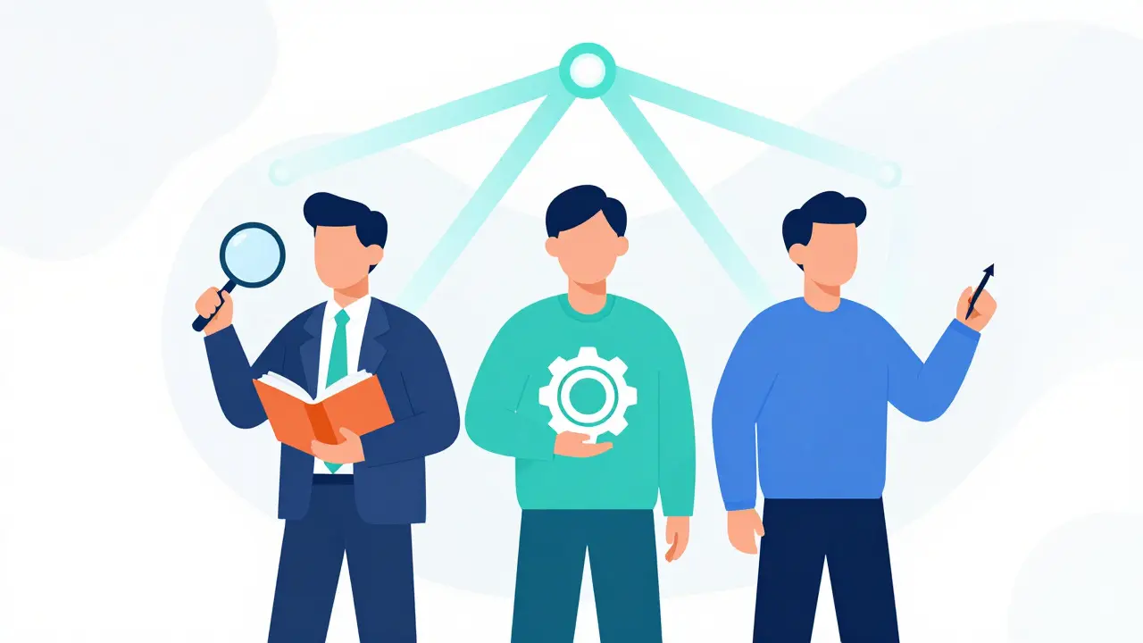 Abstract illustration of librarians, IT, and faculty working together