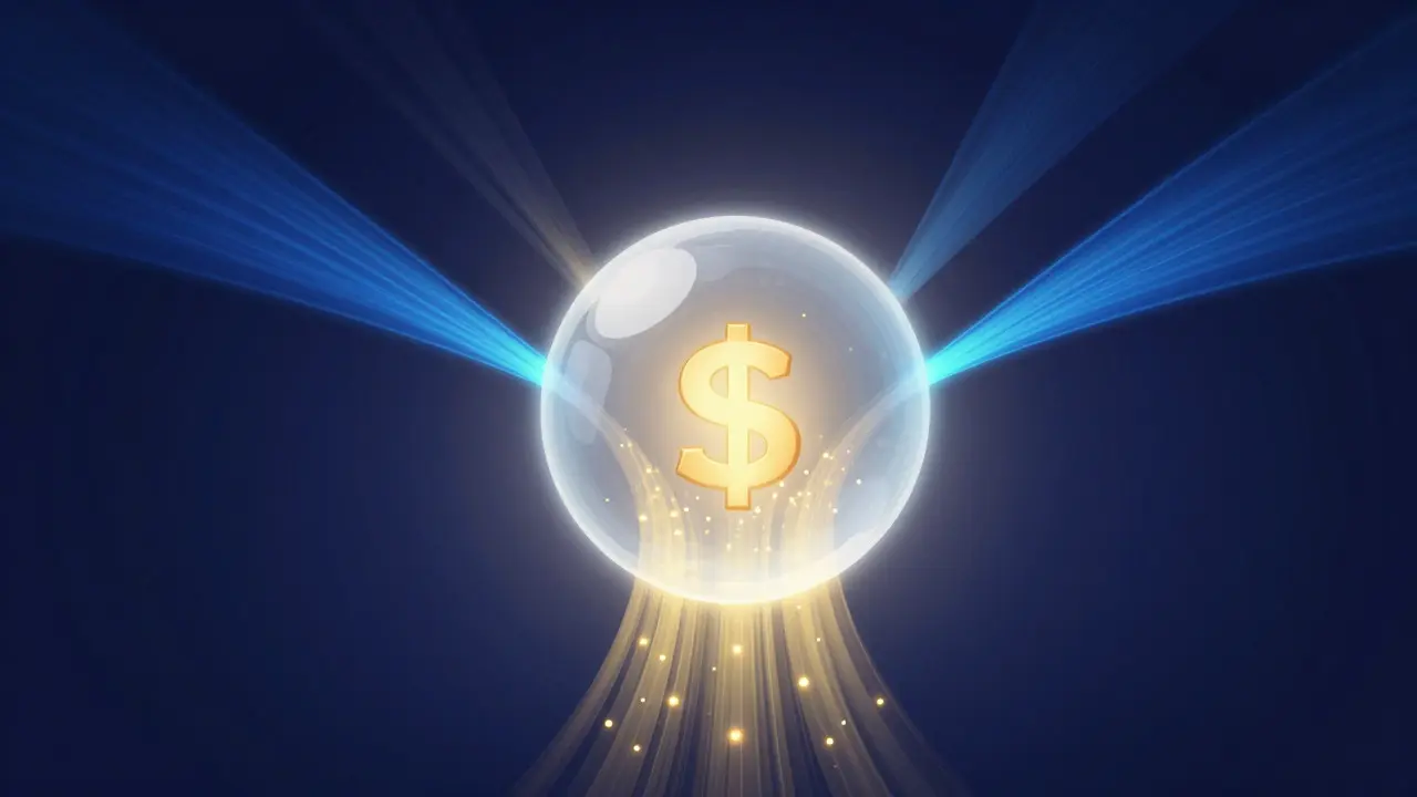 Abstract illustration of light streams flowing into a central glowing sphere