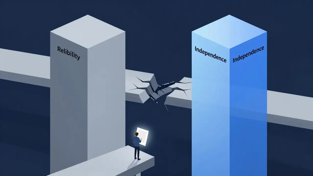 Abstract illustration of reliability and independence pillars connected by a cracked bridge