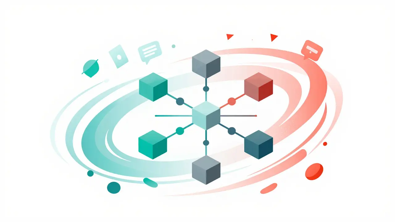 Abstract illustration of structured data blocks organizing chaotic swirls