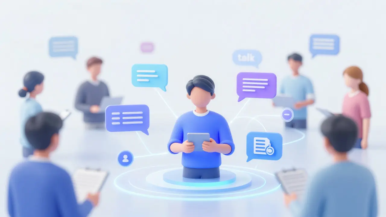 Abstract illustration of students connecting through digital feedback loops