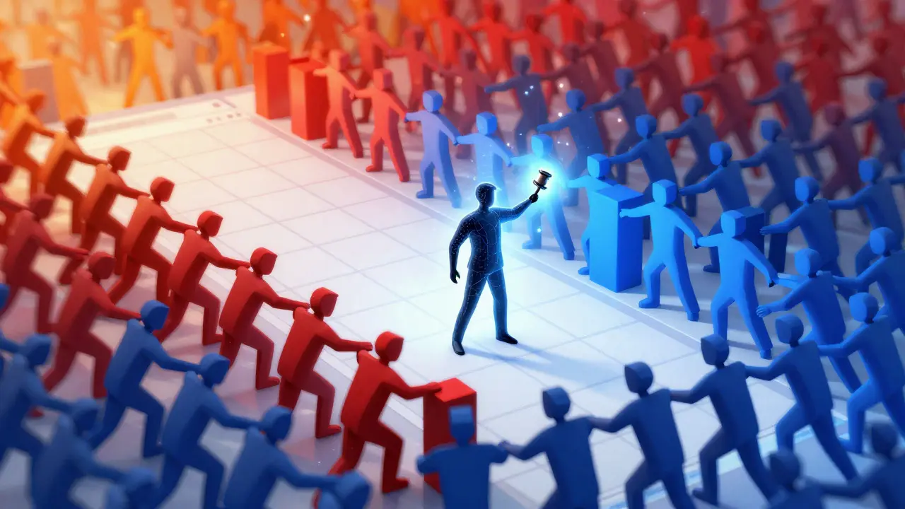 Abstract illustration of two conflicting groups frozen by a central authority figure using a glowing gavel.