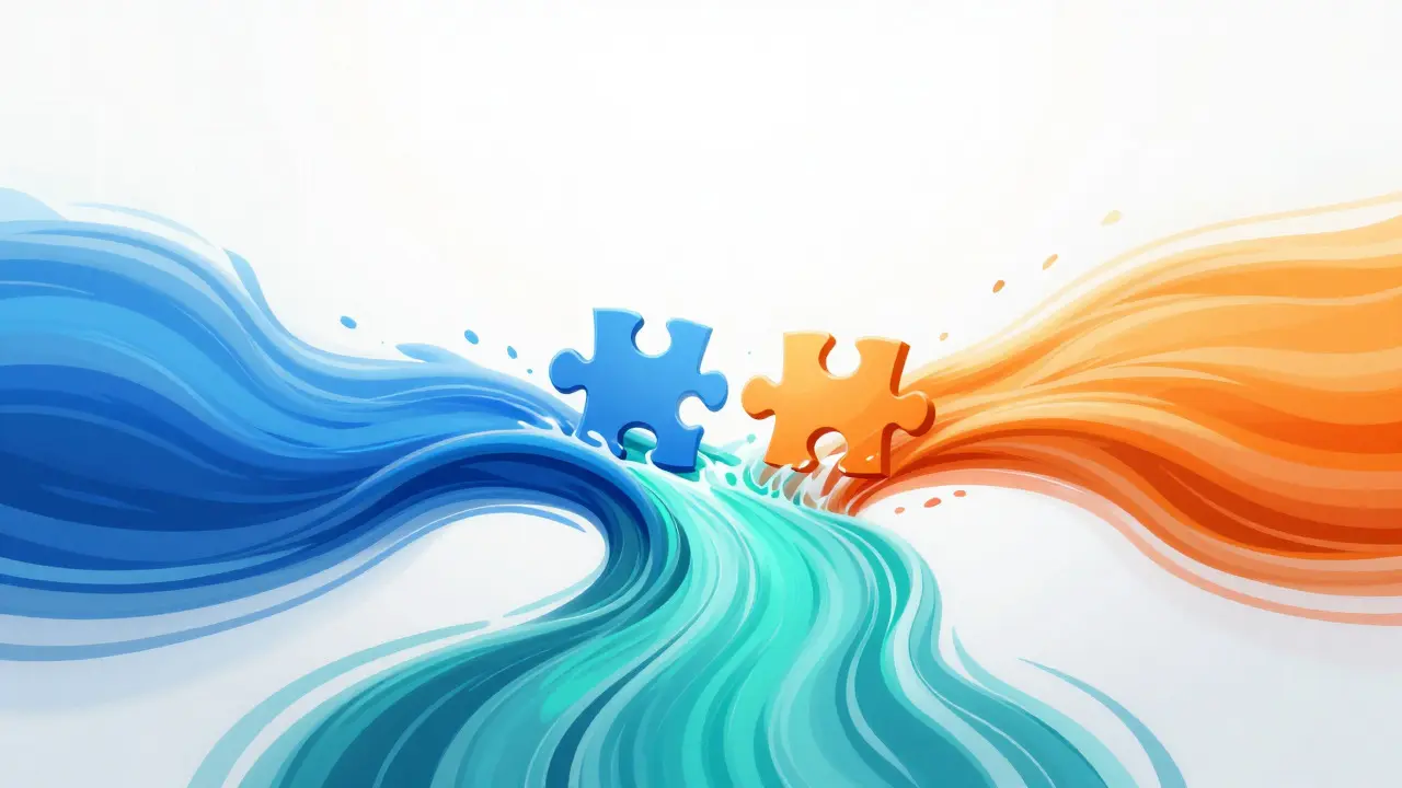Abstract illustration of two data streams merging into a cohesive flow