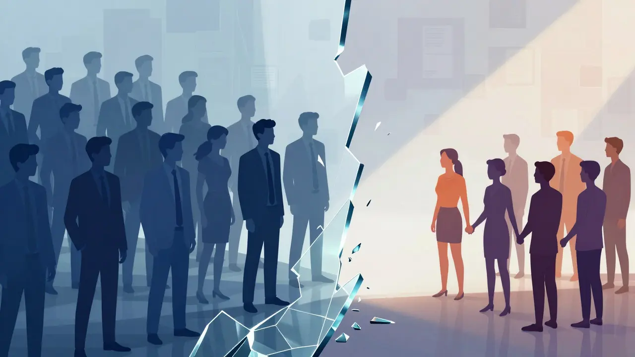 Abstract illustration of two unequal groups separated by a glass barrier