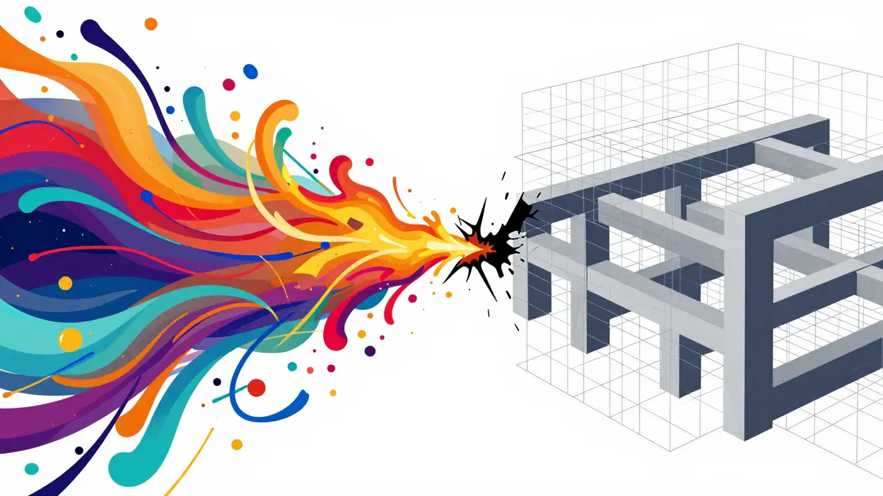 Abstract illustration showing the collision between chaotic creative energy and rigid structural grids