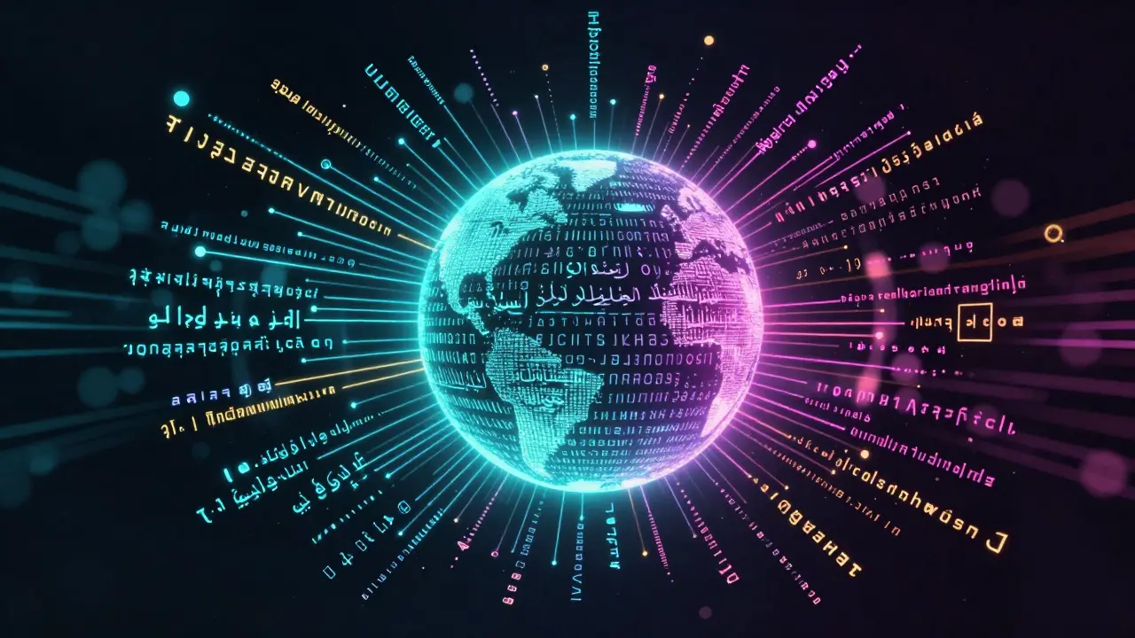 Abstract neon illustration of diverse global scripts flowing from a central digital sphere