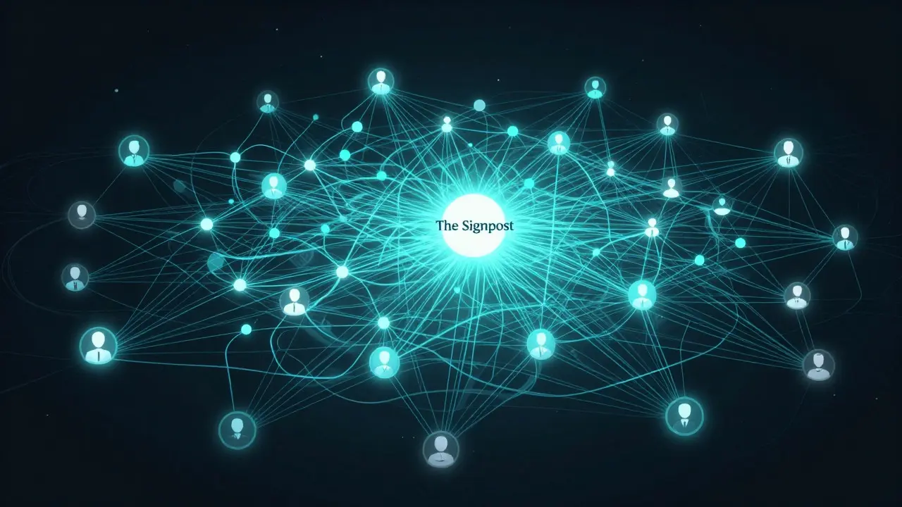 Abstract network diagram showing connections between central and peripheral nodes