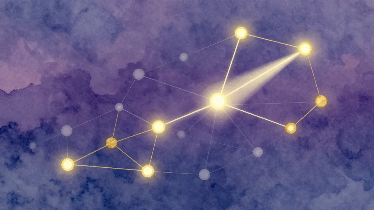 Abstract network diagram with nodes lighting up in gold