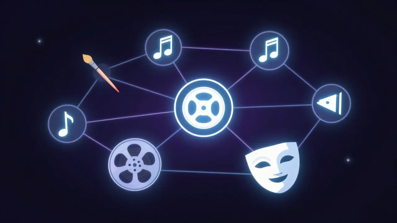 Abstract network of glowing icons representing art forms connected in the dark