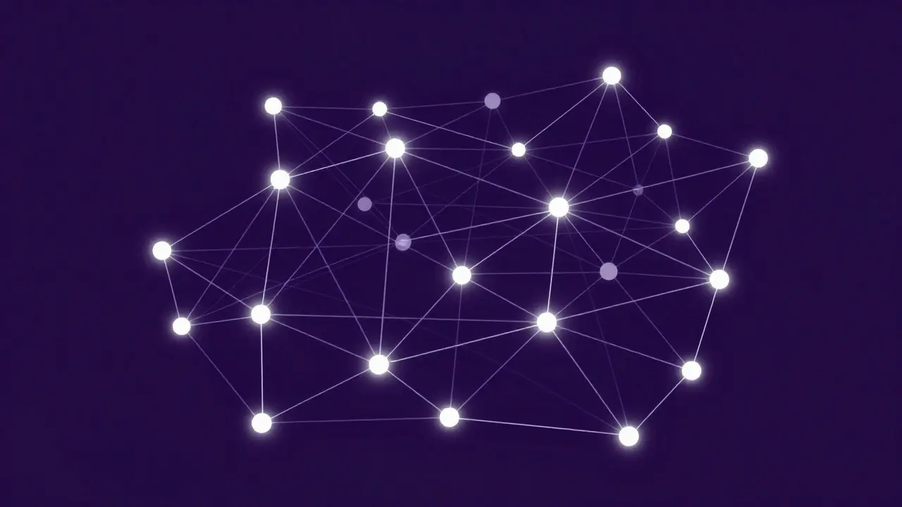 Abstract network of glowing nodes connected by lines on a dark background