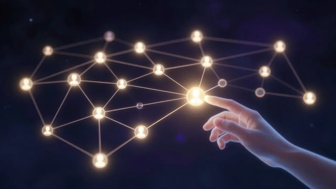 Abstract network of glowing nodes representing connected human histories