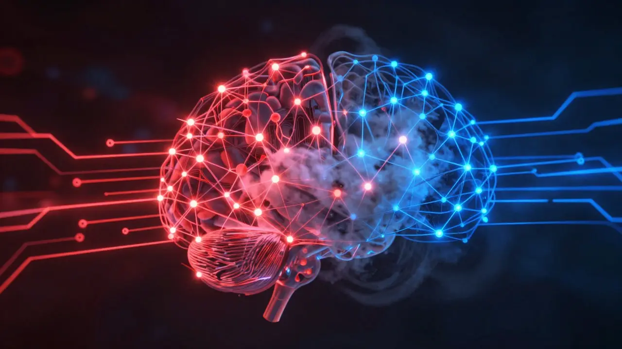 Abstract neural network visualization showing red and blue data merging into gray fog
