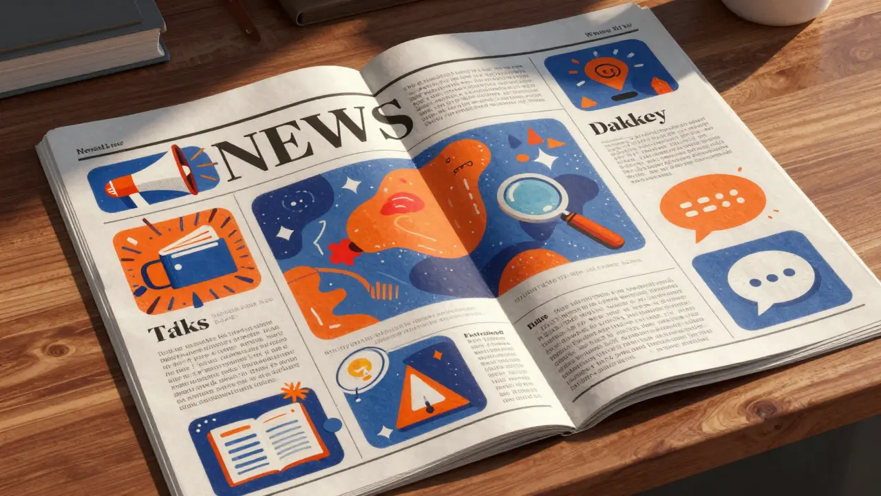 Abstract newspaper layout with icons representing news, features, and opinions