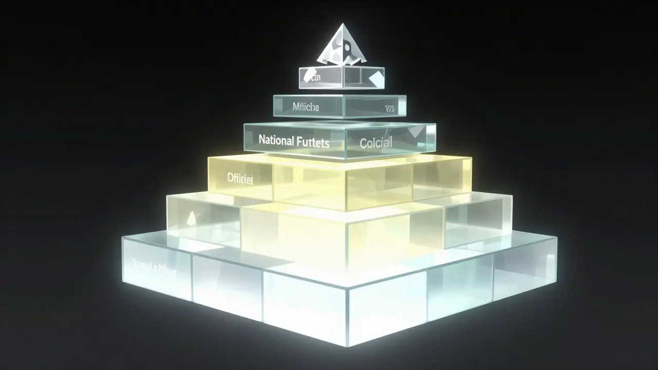 Abstract pyramid of glass blocks representing source reliability hierarchy
