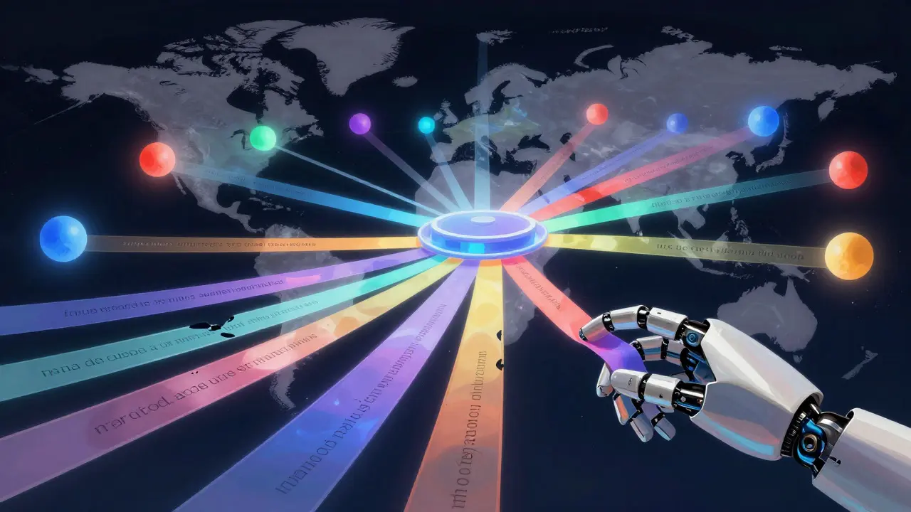 Abstract ribbons flowing from a central hub, with segments fading out as they spread