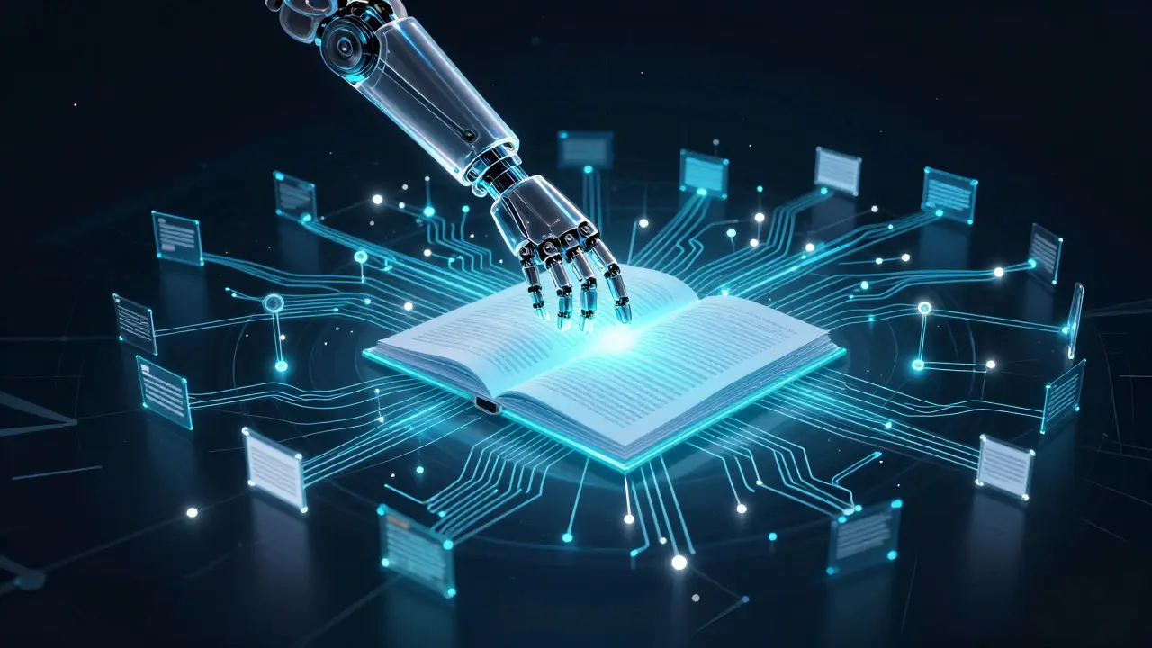 Abstract robot arm interacting with holographic data network