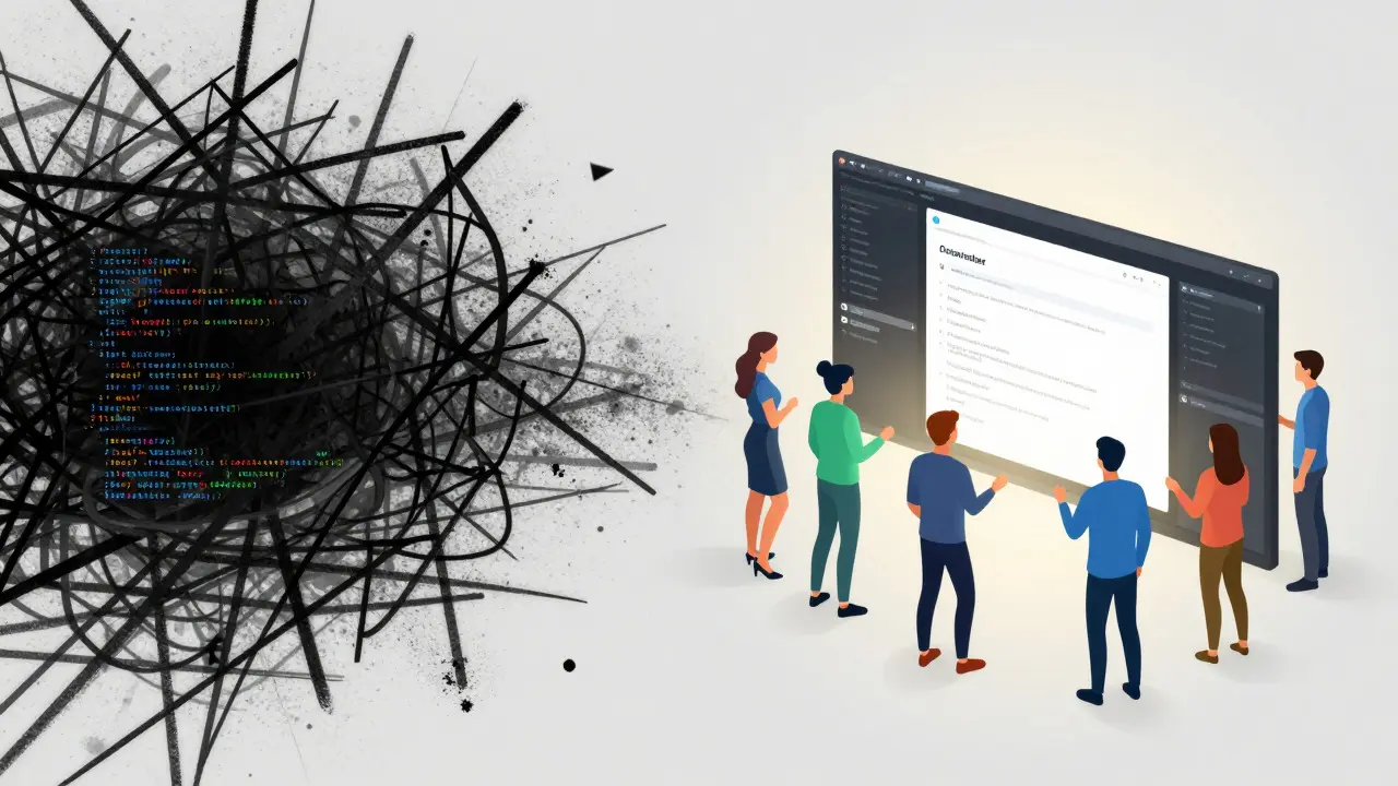 Abstract transition from chaotic code to a clean, user-friendly digital interface