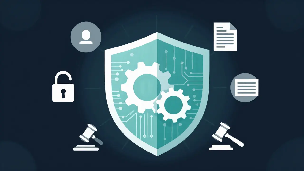 Abstract vector art of a shield made of gears and circuits representing online moderation tools