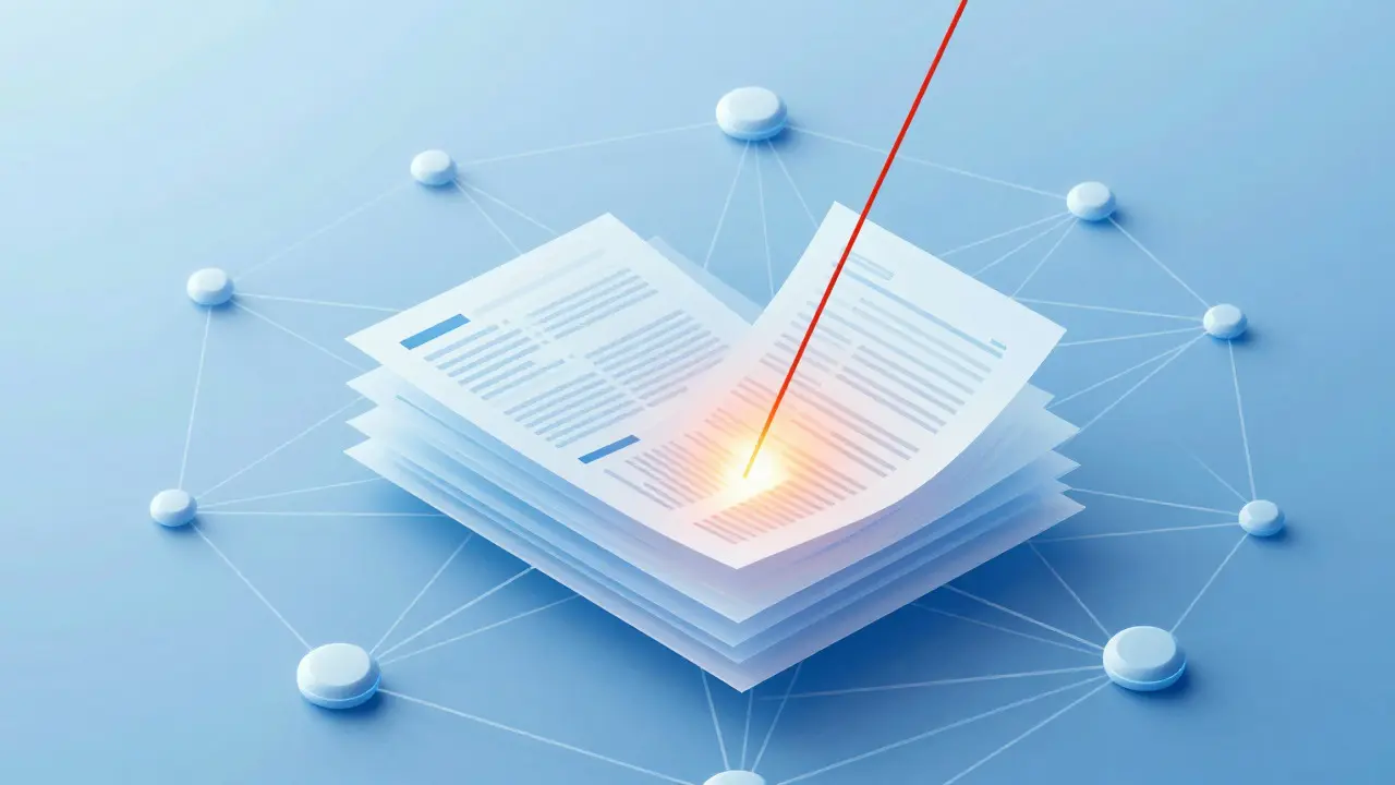 Abstract visualization of a data network with a red thread revealing hidden links
