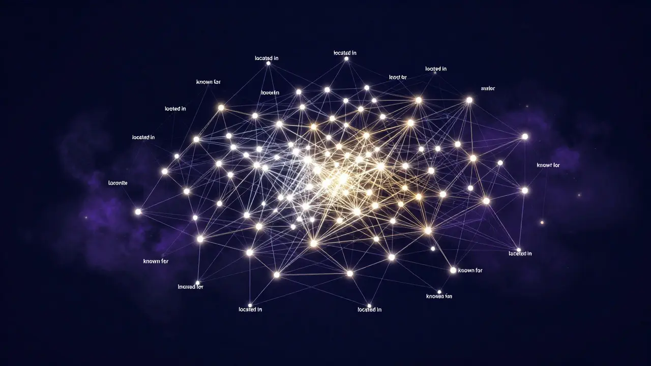 Abstract visualization of a glowing knowledge graph network in dark space