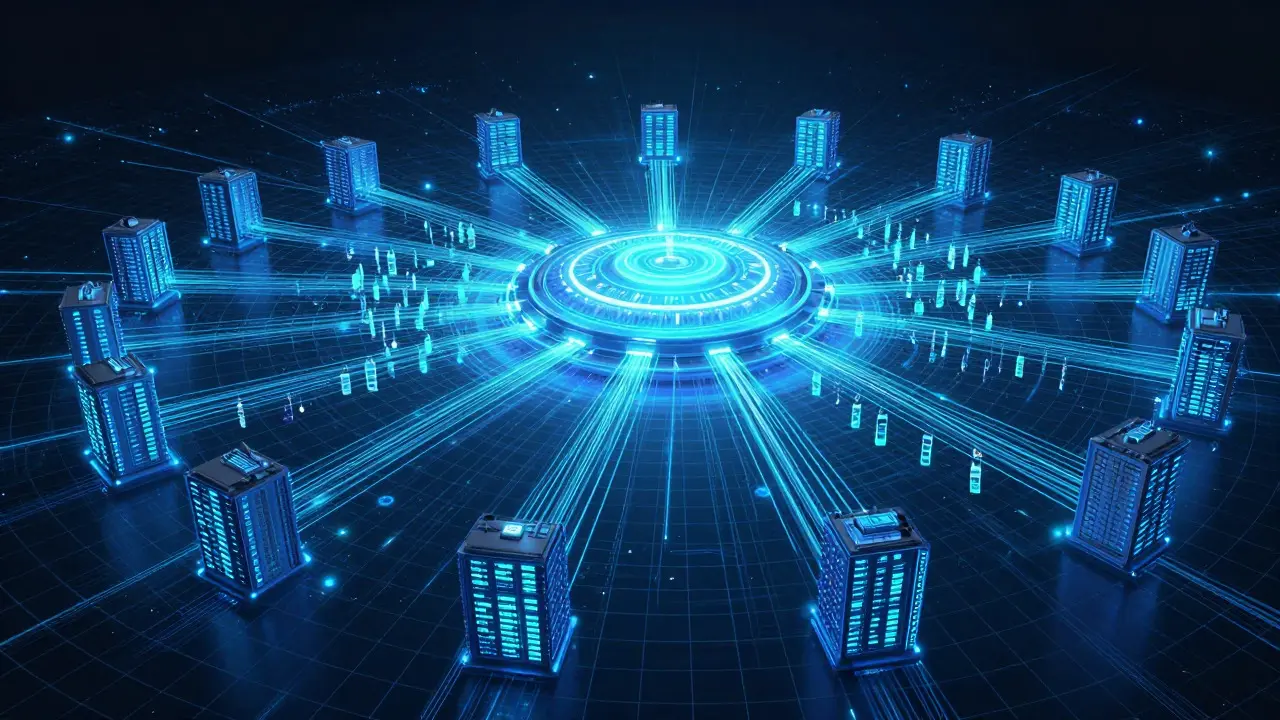 Abstract visualization of a grid system distributing data across network nodes