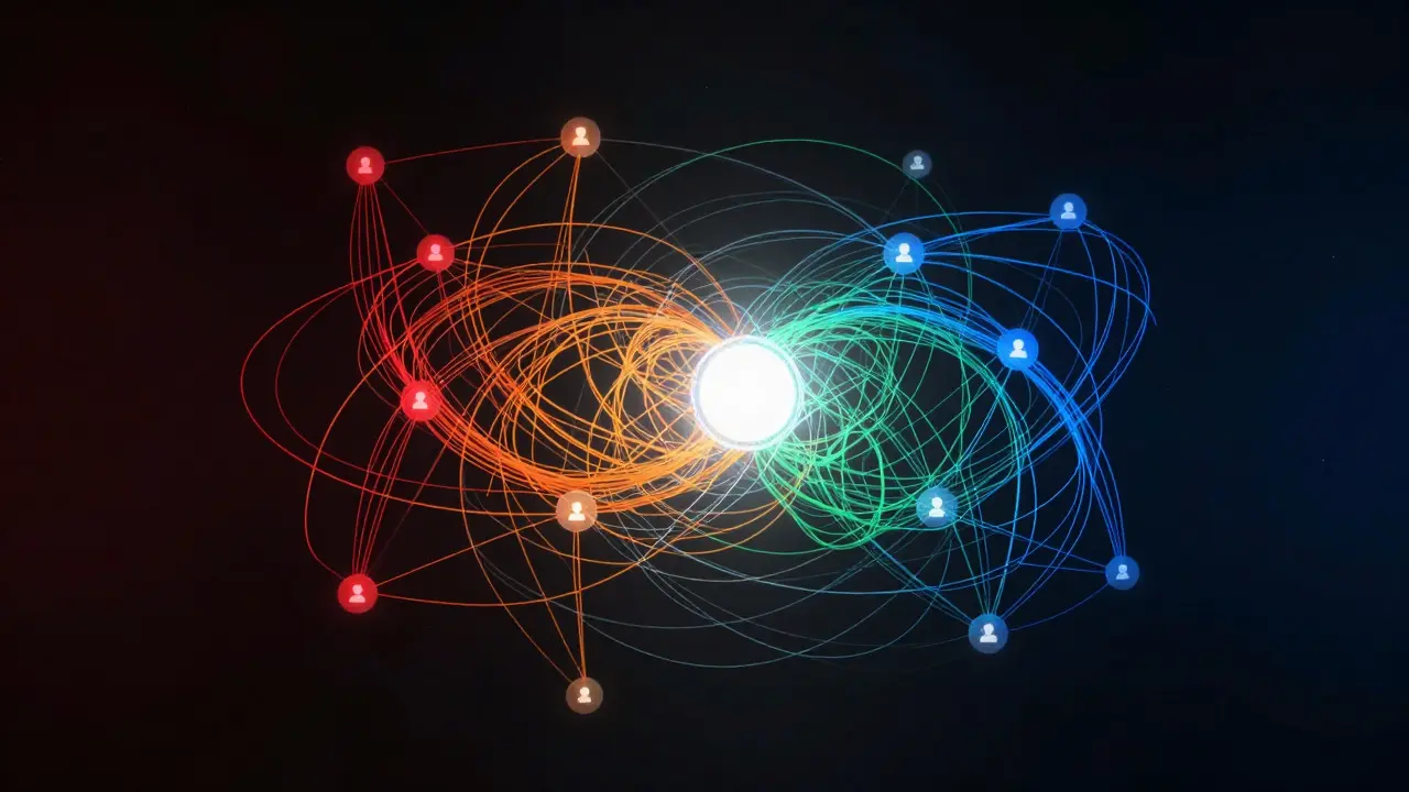 Abstract visualization of chaotic debates resolving into a structured consensus network