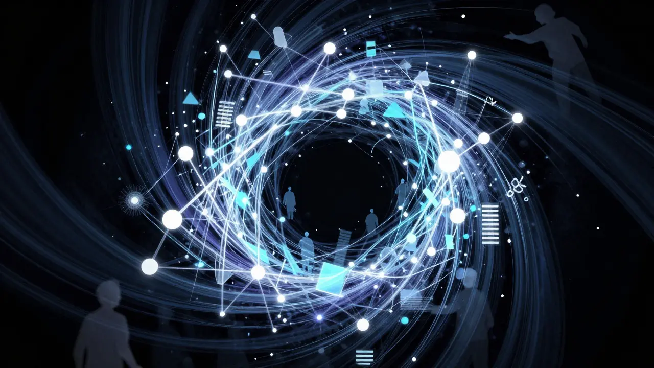 Abstract visualization of complex data networks and human connections in digital spaces.