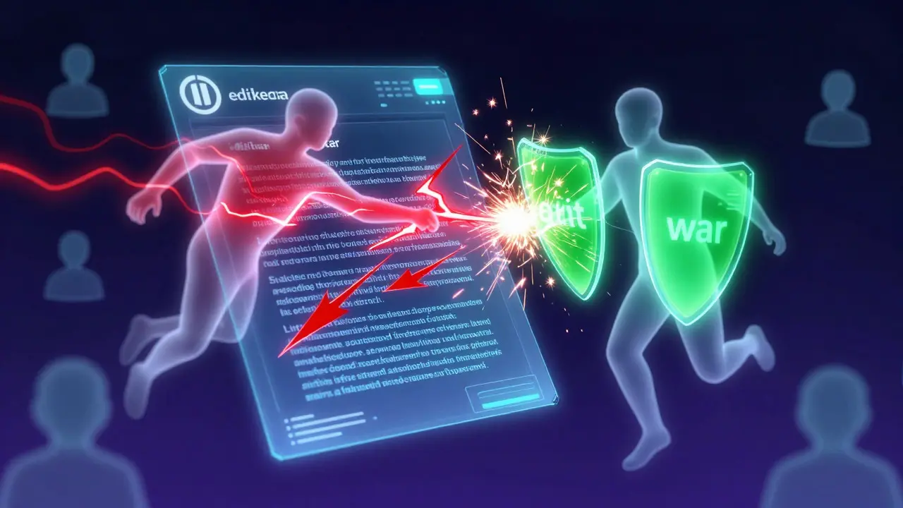 Abstract visualization of conflicting user edits clashing over a digital document