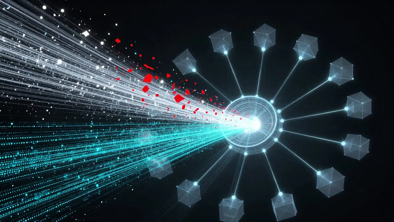Abstract visualization of data streams being cleaned and aggregated