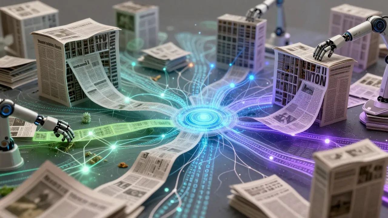 Abstract visualization of newspaper clippings merging with AI data streams in a futuristic network