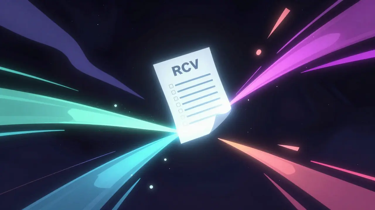 Abstract visualization of ranked choice voting with flowing light streams.