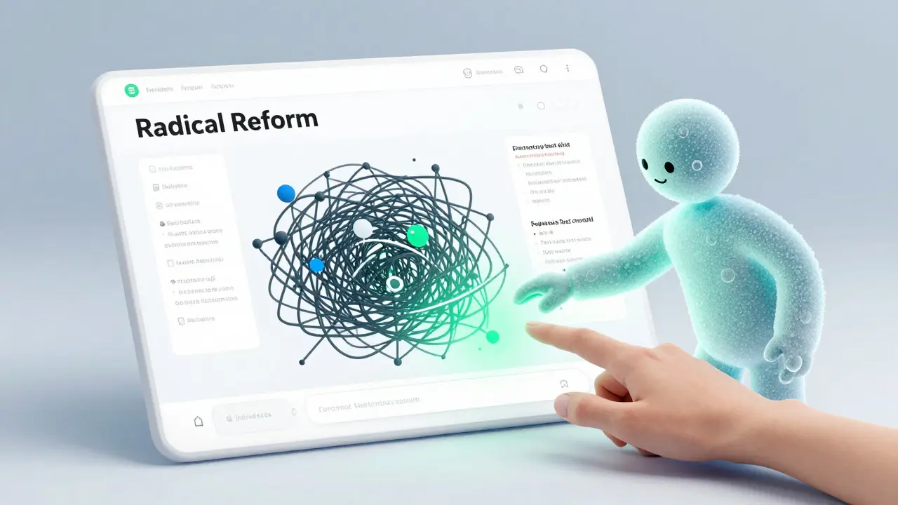 An abstract AI guide helping a user navigate a simplified, clean editing interface, symbolizing technological reform.