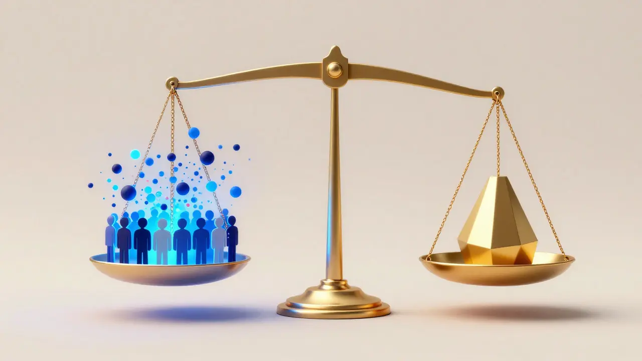 An abstract balance scale weighing a swarm of colorful particles against a solid golden structure.