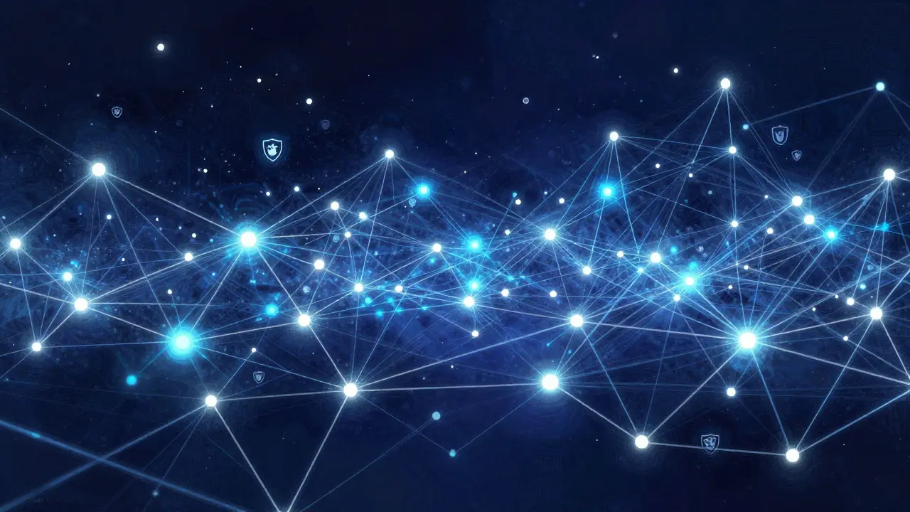 An abstract glowing network of nodes representing the decentralized structure of online encyclopedias.
