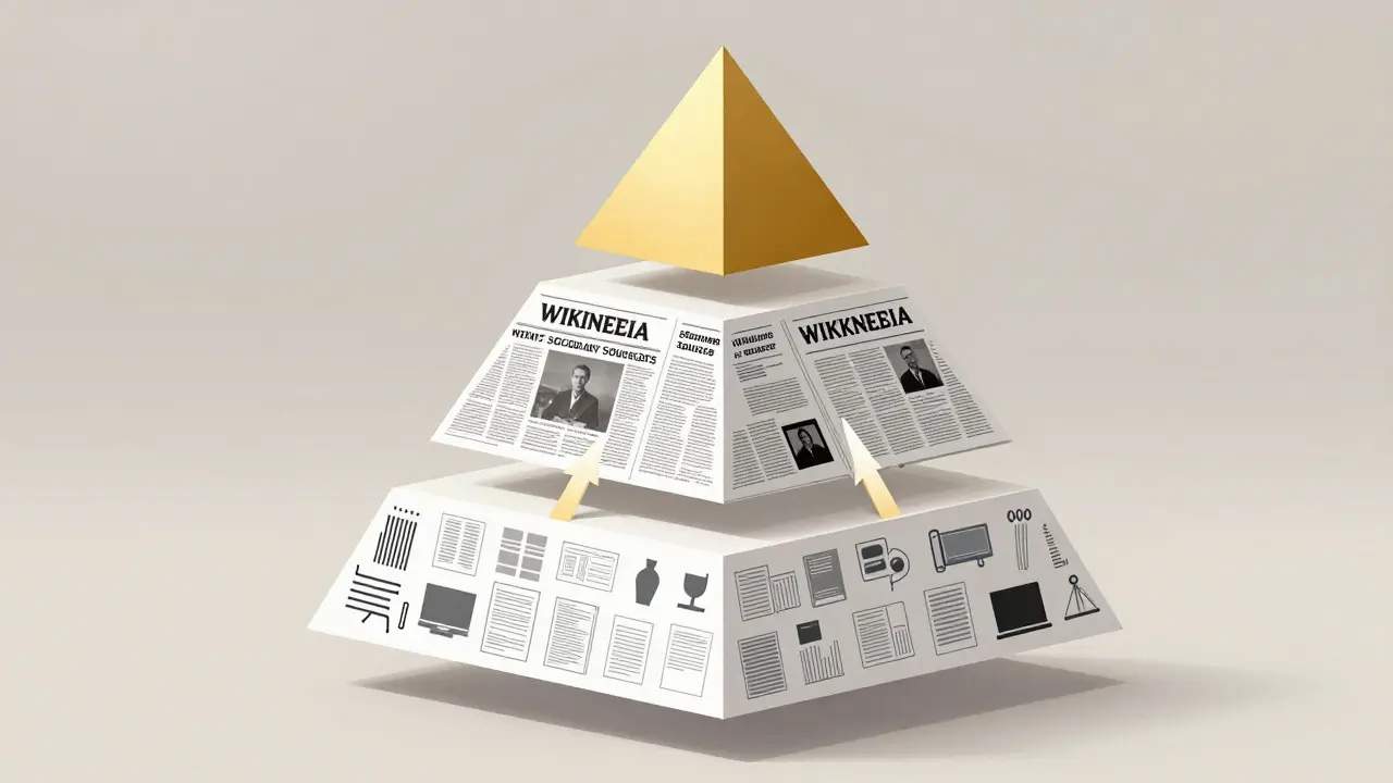 An abstract illustration of a three-tier pyramid representing the hierarchy of information sources